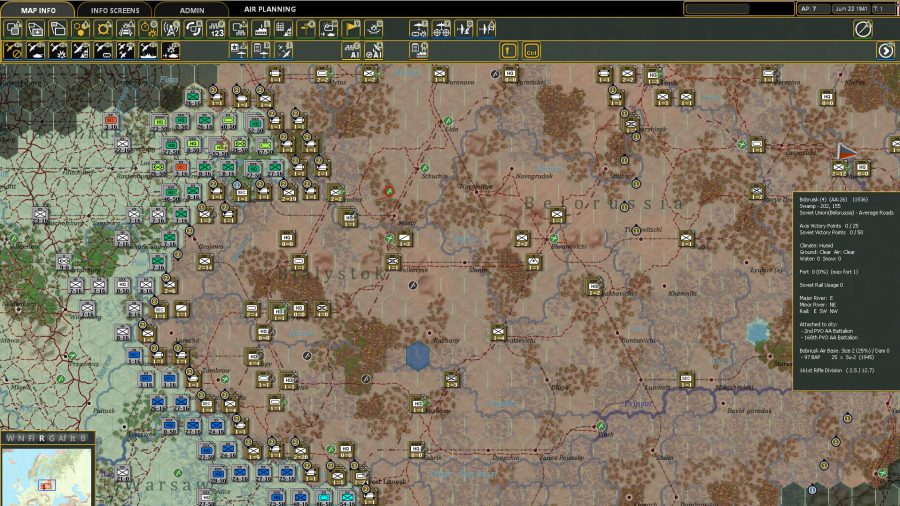 The overlay map of Gary Grigsby's War in the East 2 displaying the German-Soviet frontline