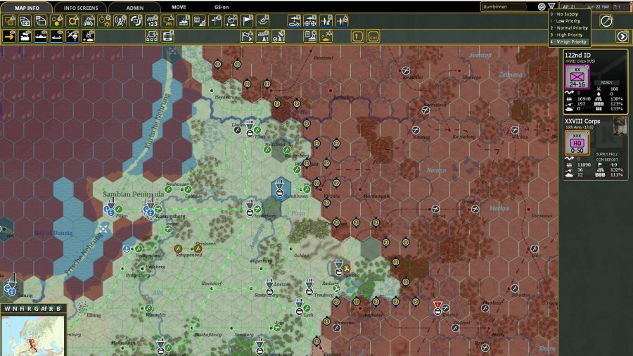 A battleline in Gary Grigsby's War in the East 2 populated with attacking units