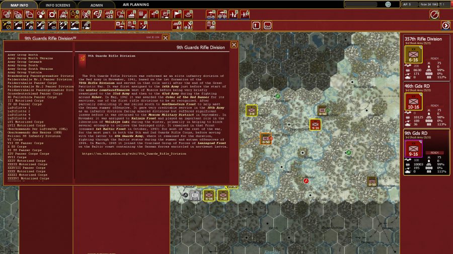 The UI of Gary Grigsby's War in the East 2 with a unit information panel