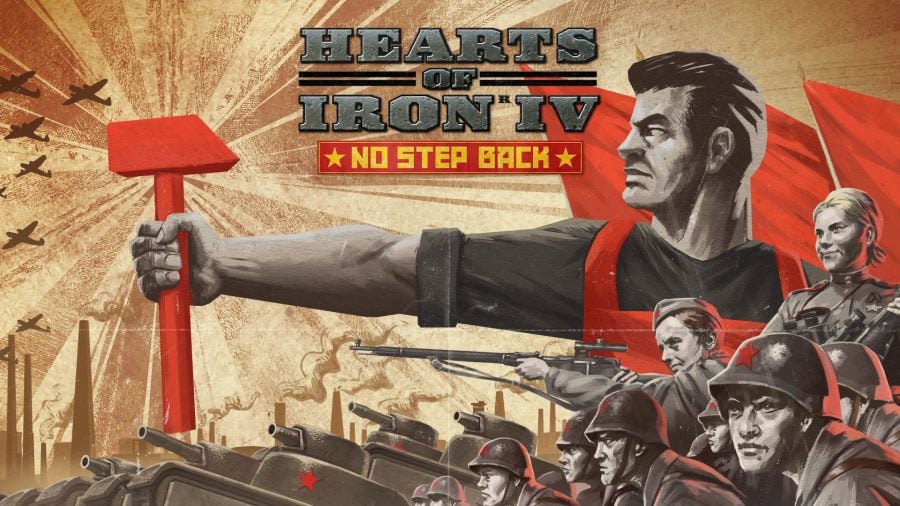 Hearts of Iron 4 DLC No Step Back poster showing Soviet workers and soldiers