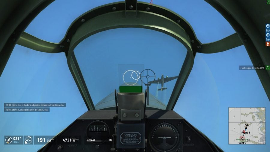The inside of a fighter plan cockpit from IL-2 Sturmovik, while it's tailing an enemy fighter