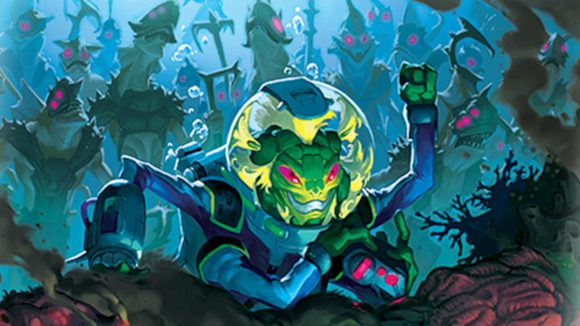 Artwork from Keyforge Adventures Rise of the Kraken showing a humanoid alien in a diving suit underwater