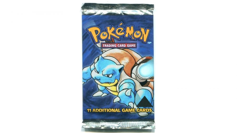 A pack of rare pokemon cards, showing a black triangle in the bottom-right corner, marking their value