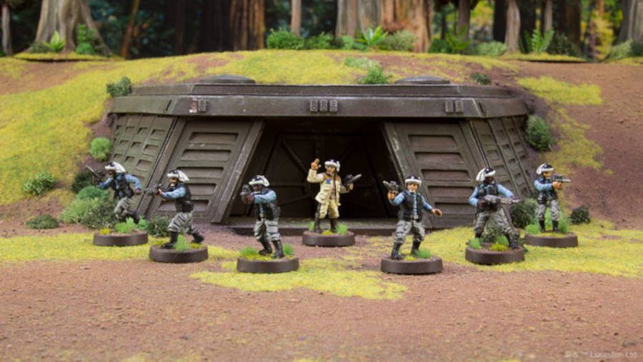 Miniatures from Star War: Legion Expansion Fleet Troopers in front of a hidden Imperial base amongst woodland