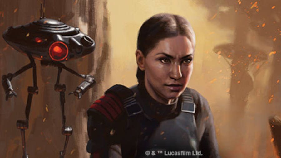 The stern face of Iden Versio from her Star Wars: Legion expansion next to your droid sidekick