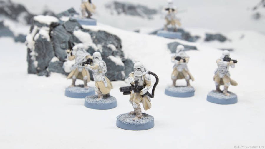 Snowtrooper miniatures from Star Wars: Legion expansion on snowy tabletop terrain