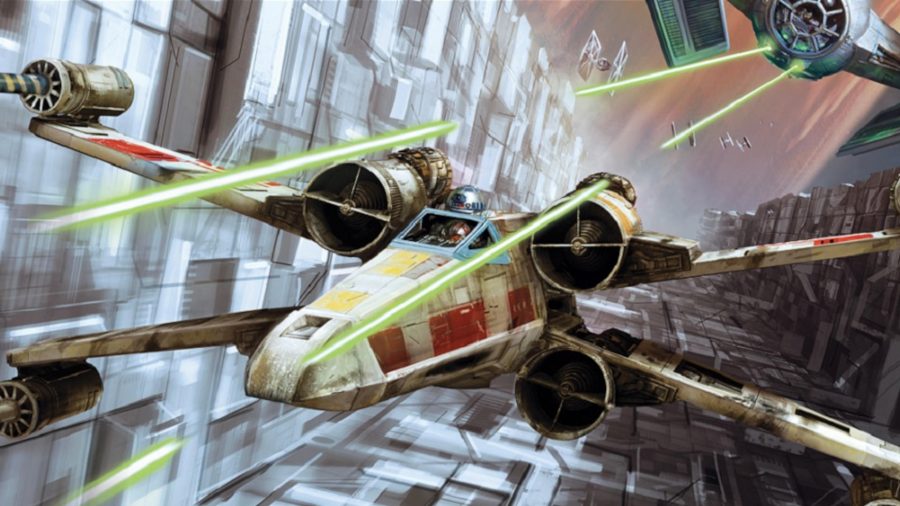 Ships from Star Wars: X-Wing chasing each other over the Death Star
