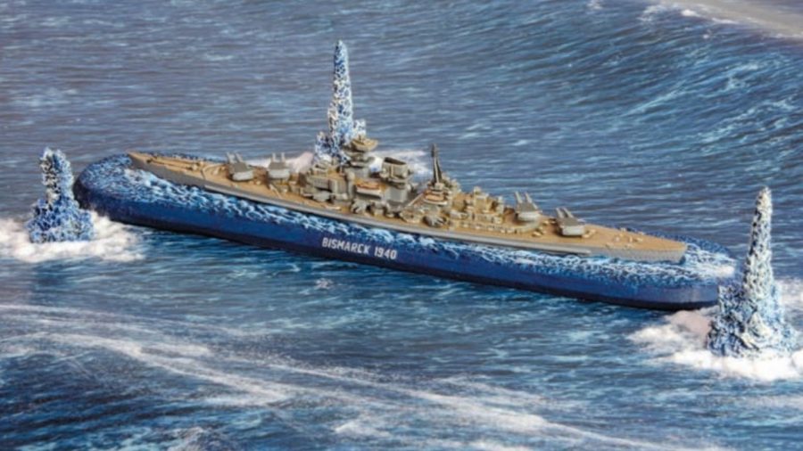 Photo showing the model for the German ship the Bismarck in Warlord Games' Victory at Sea naval miniatures range