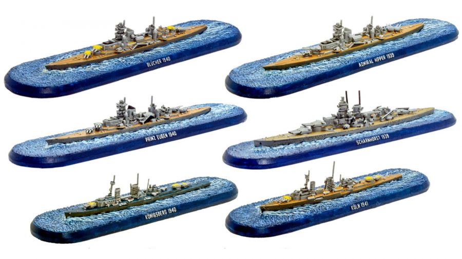 Photo showing models from the German fleet for the naval miniatures tabletop game Victory at Sea