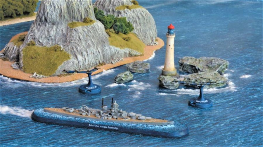 Victory at Sea photo showing Scharnhorst battleship model and lighthouse terrain piece