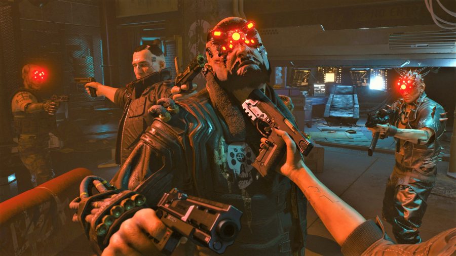 Cyberpunk 2077 early screenshot showing a gun to a man's throat in a red room