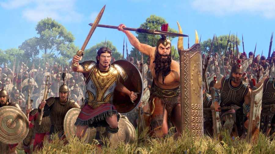 Two Greek legendary heroes from one of the best Total War games, Troy, bearing weapons and charging towards the enemy on the field