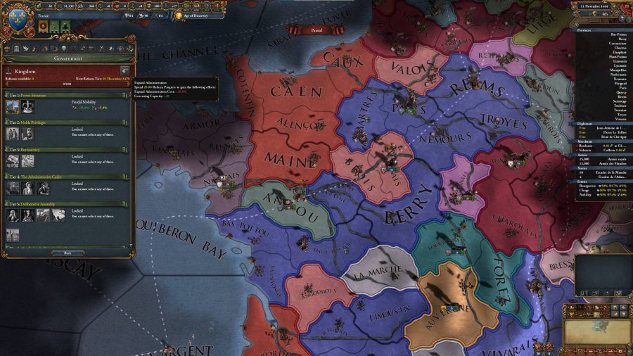 A screenshot of Europa Universalis 4 showing the 'expand administration' command