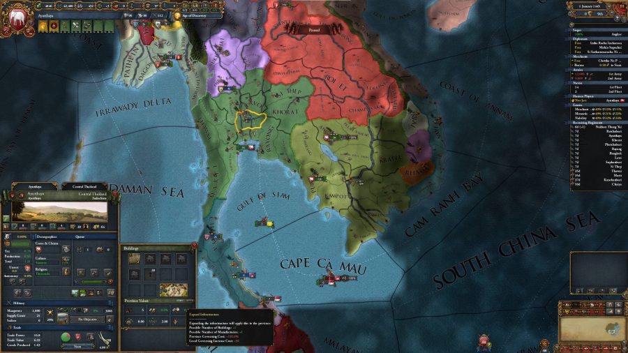 Pop-up panel in Europa Universalis 4 showing the new 'Expand Infrastructure' features