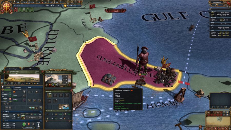 Constantinople in Europa Universalis 4, with the Hagia Sophia and military unit inside