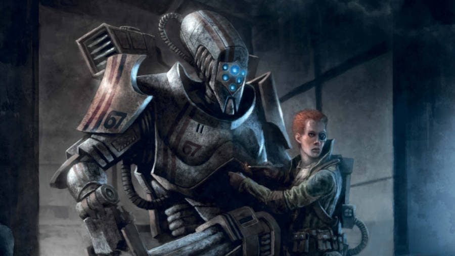 A large metal robot from Stargrave standing next to a woman staring into the distance