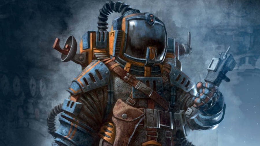 A heavily armoured technician in Stargrave, wearing an astronaut outfit