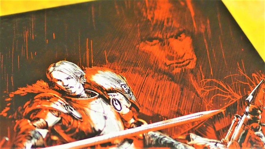 A photo of part of the red and black artwork on the Cursed City box, showing Braskov and Radukar