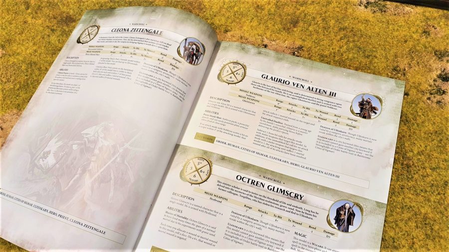 Photo showing the Warscrolls booklet pages in Warhammer Quest Cursed City