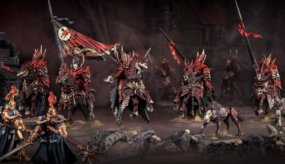 A line of Soulblight Gravelords Blood Knight cavalry charging towards a unit of Stormcast Eternals