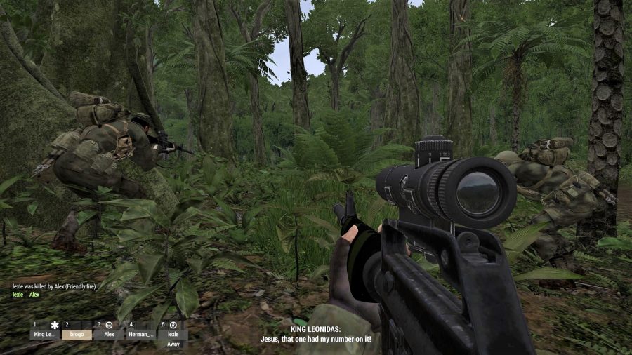 Screenshot from Arma 3 Creator DLC SOG Prairie Fire showing the player's team stalking through a jungle armed with M16 assault rifles