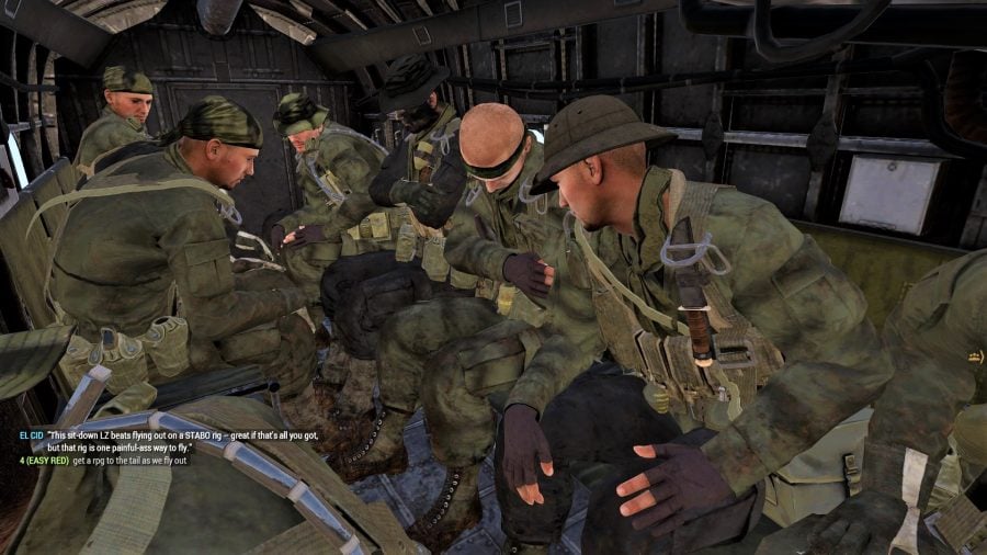 Screenshot from Arma 3 Creator DLC SOG Prairie Fire showing soldiers chatting to one another in a transport helicopter