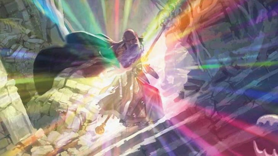 A wizard casting a D&D 5E spell, rays of multicoloured light shoot from his hand in a dazzling array