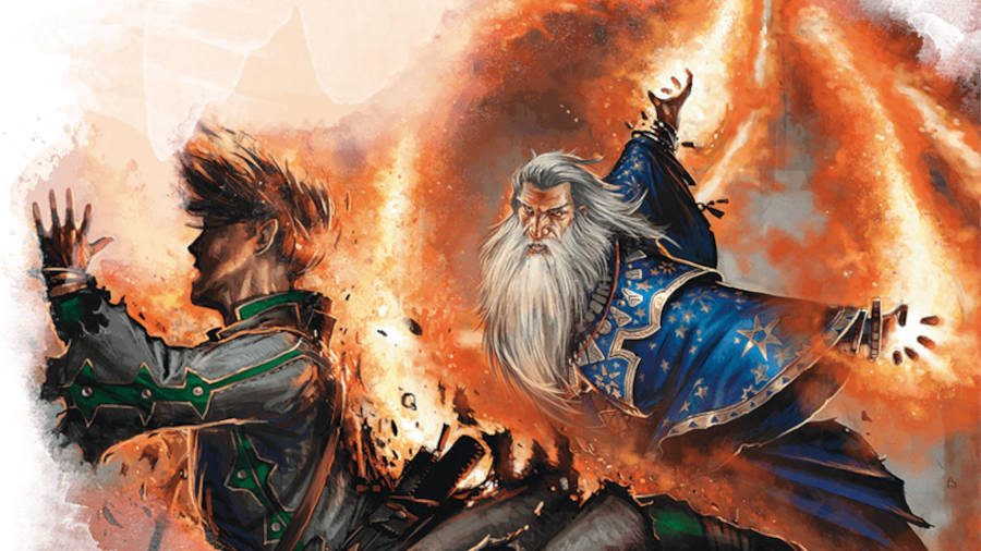A bearded wizard casts D&D 5E spell Fireball against a helpless human foe