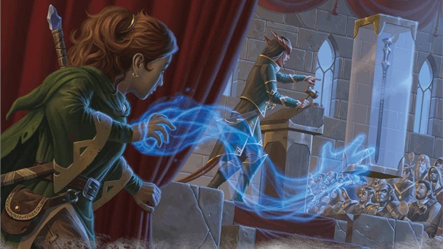 A rogue using D&D 5E spell Mage Hand to extend a spectral hand from her own