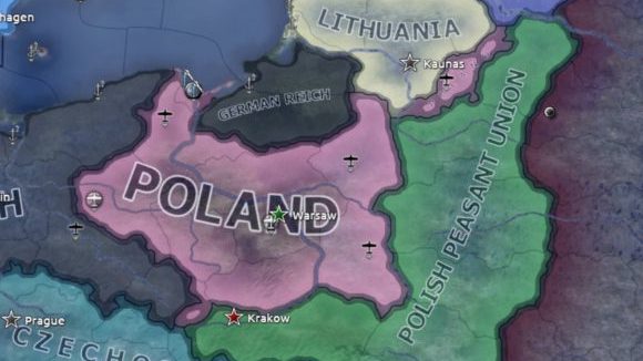 A map of Poland and surrounding countries from Hearts of Iron 4, showing their borders