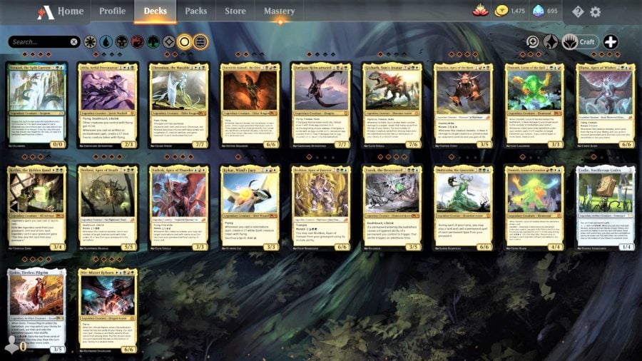 A screenshot from Magic: The Gathering Arena showing the choices of Legendary Creature cards