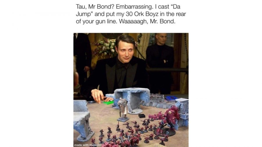 Warhammer 40k meme based on a Casino Royale screenshot showing Le Chiffre playing 40k