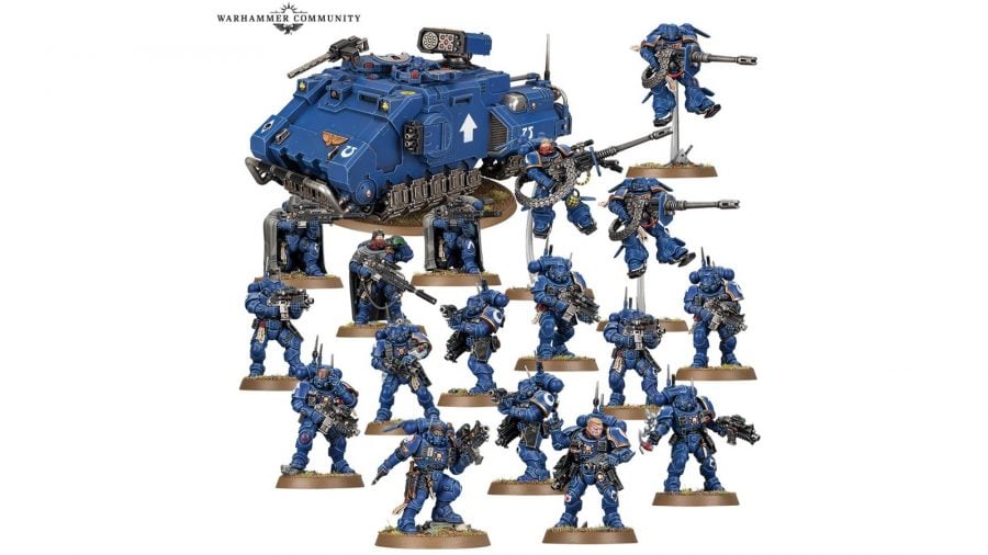 Warhammer Community photo of the models included in the new Space Marines combat patrol box for Warhammer 40k