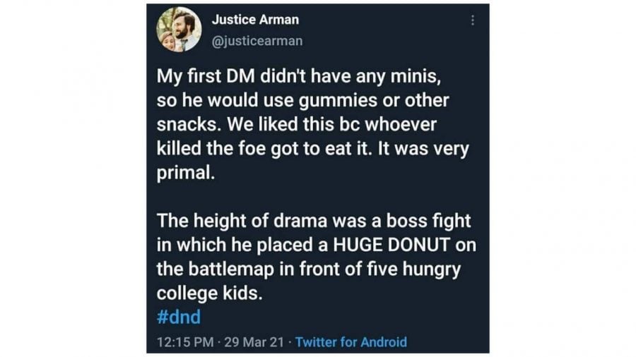 D&D memes - a Justice Arman tweet about using food and snacks as D&D miniatures
