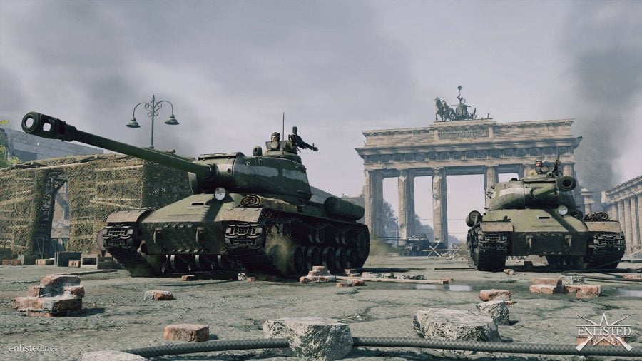 Enlisted tank guide heavy armour next to the Brandenburg Gate