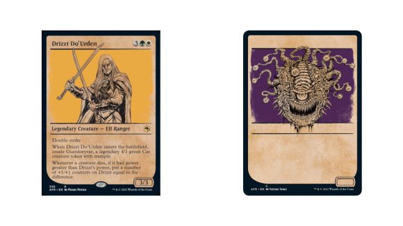 Two showcase Magic: The Gathering Adventures in the Forgotten Realms spoilers of Drizzt Do'Urden and a Beholder card