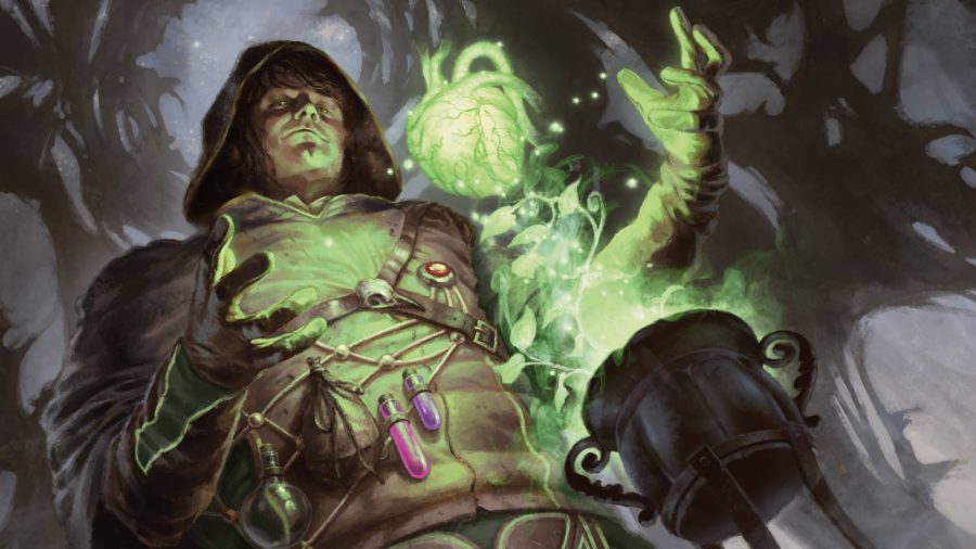A hooded figure performing a ritual in Strixhaven's Magic: The Gathering, as a green heart rises from a cauldron