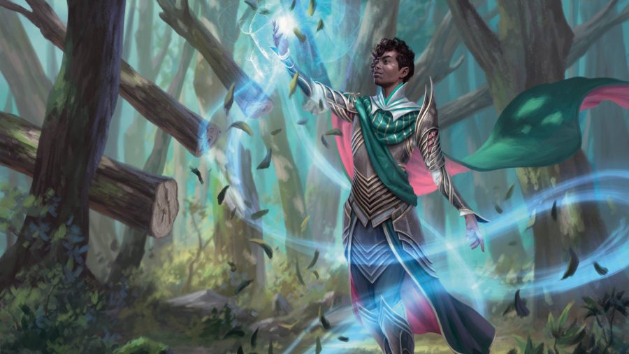 A mage from Strixhaven in Magic: The Gathering levitating logs in a forest
