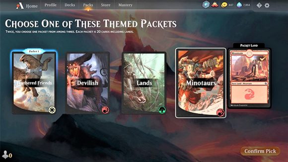 MTG Arena screenshot from the Jumpstart event showing the tickmark on collected Basic Lands