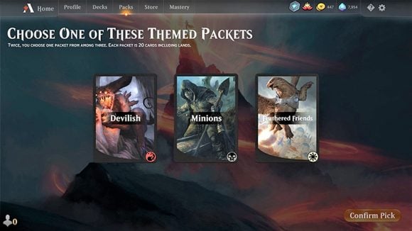 MTG Arena screenshot showing a choice of themed packets from the Jumpstart event