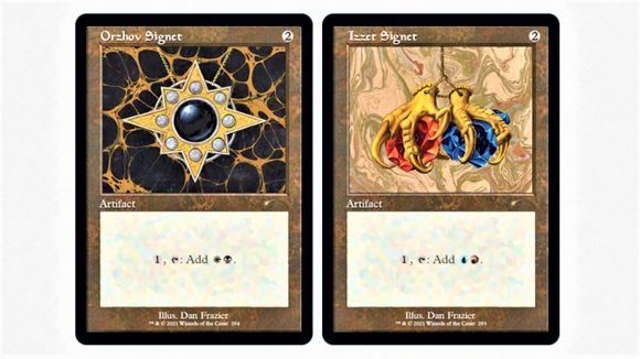Magic The Gathering Dan Frazier Secret Lair card art for the cards Orzhov Signet and Izzet Signet