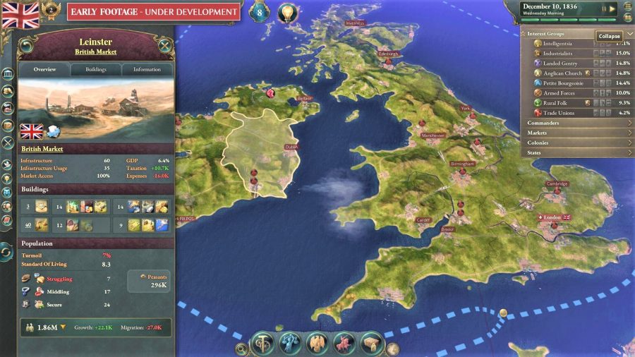 An in-development screenshot of Victoria 3 showing the map of Britain and a readout for a specific region