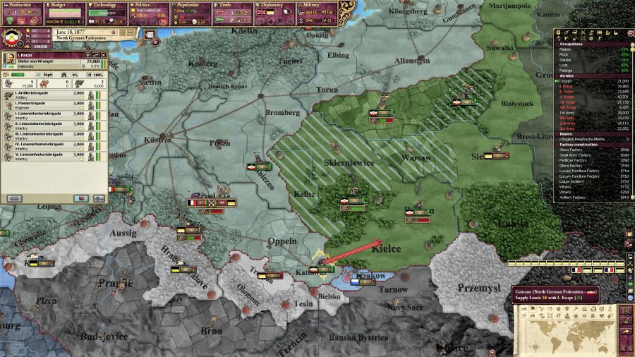 Victoria II screenshot showing troop movements in the game's combat system