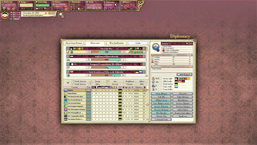 A Victoria II screenshow showing the diplomacy system