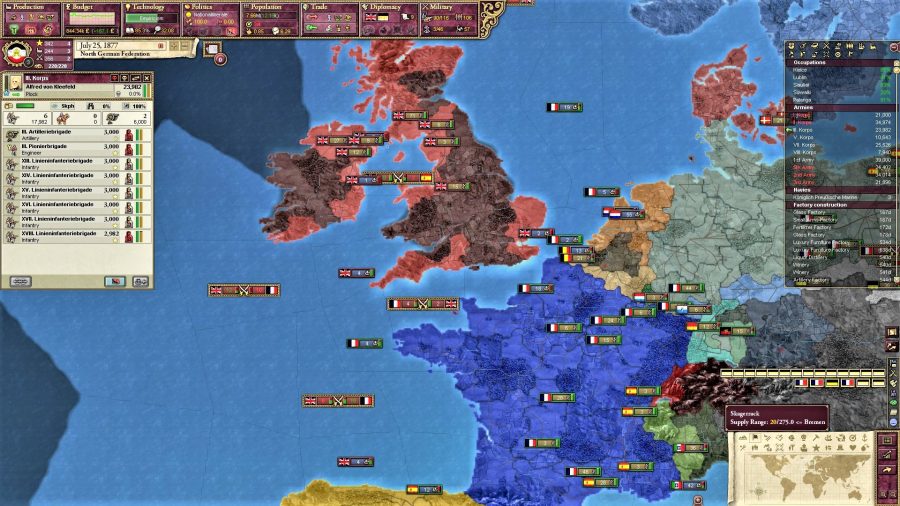 A screenshot from Victoria 2 showing troop dispositions in Britain and France