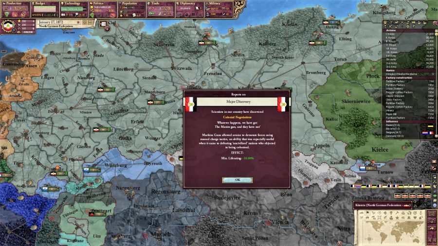 Victoria II screenshot showing the event box for the invention of the Maxim machine gun
