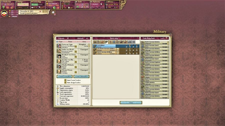 Victoria II screenshot showing the military planning screen