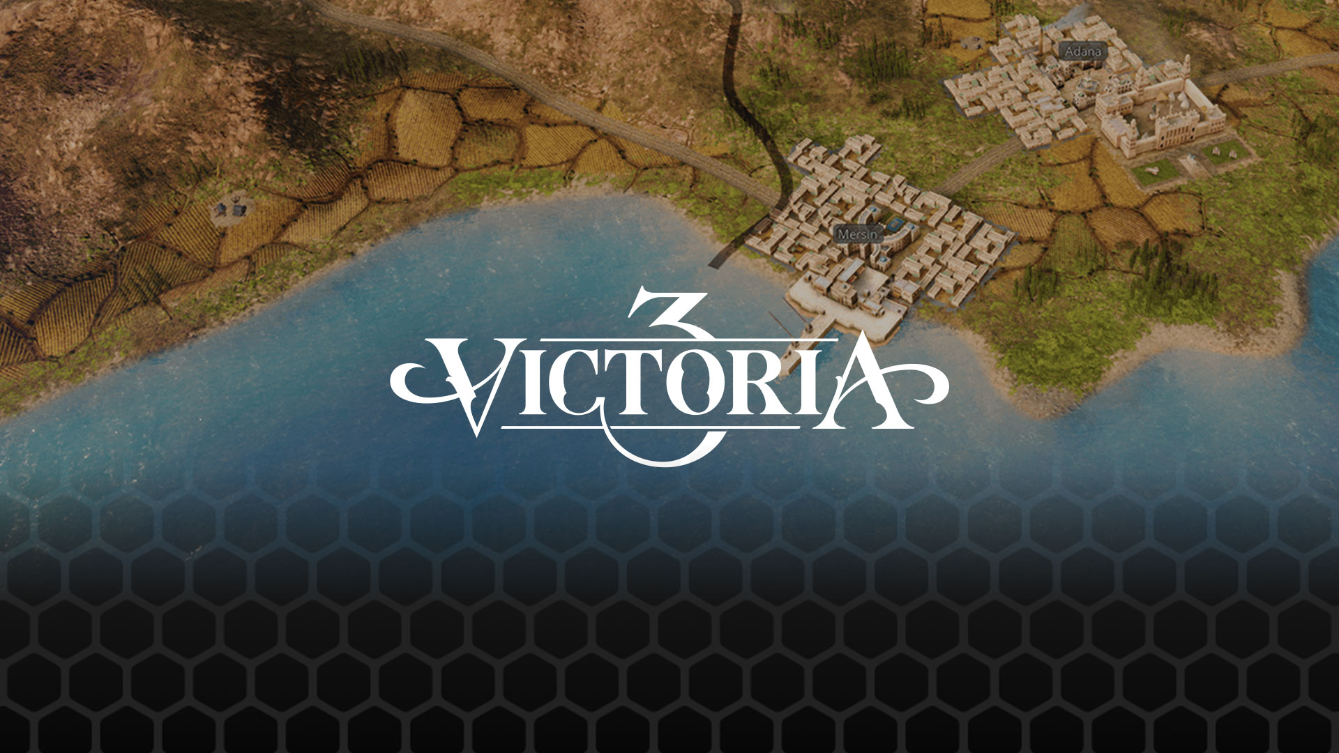 Victoria 3 title image for game page, showing the game name over a screenshot of a map
