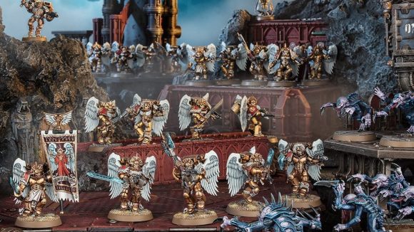 Warhammer Community photo showing Blood Angels Sanguinary Guard models with deep strike capable jump packs fighting Genestealers