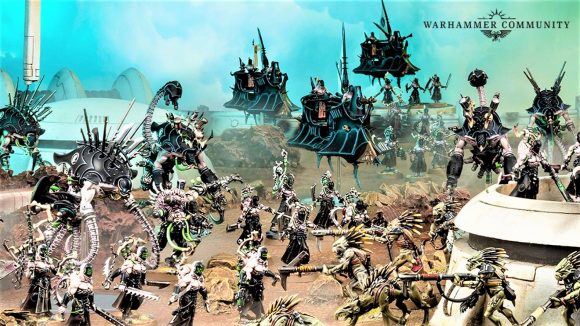 Warhammer Community photo showing Drukhari models including Talos Pain Engines, Wracks and Raiders